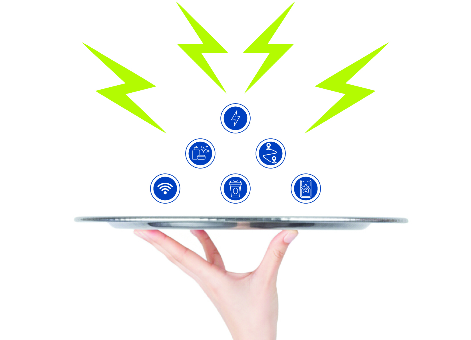 A hand holding up a silver plate with symbols above it representing things like EV chargers, wi-fi and food.